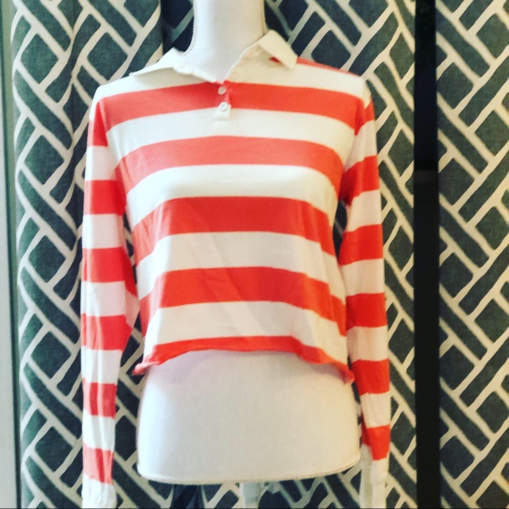 Coral stripped collared crop top
